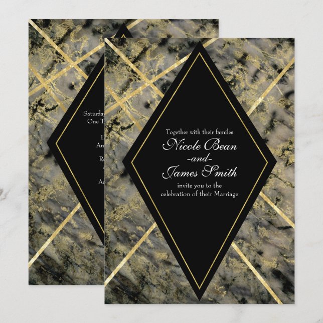 Faire-part de mariage glamour à marbre noir et or (Devant / Derrière)