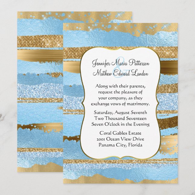 Faire-part de mariage glamour bleu et or (Devant / Derrière)