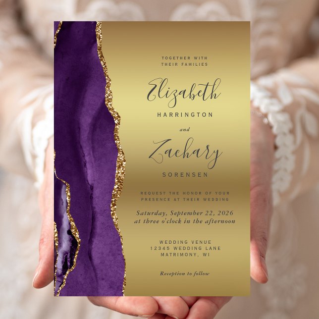 Faire-part de mariage glamour en agate or violet (Créateur téléchargé)