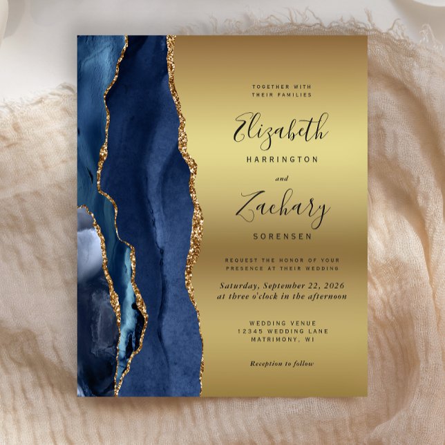 Faire-part de mariage glamour or agate bleu marine (Créateur téléchargé)