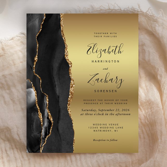 Faire-part de mariage glamour or agate noir budget (Créateur téléchargé)