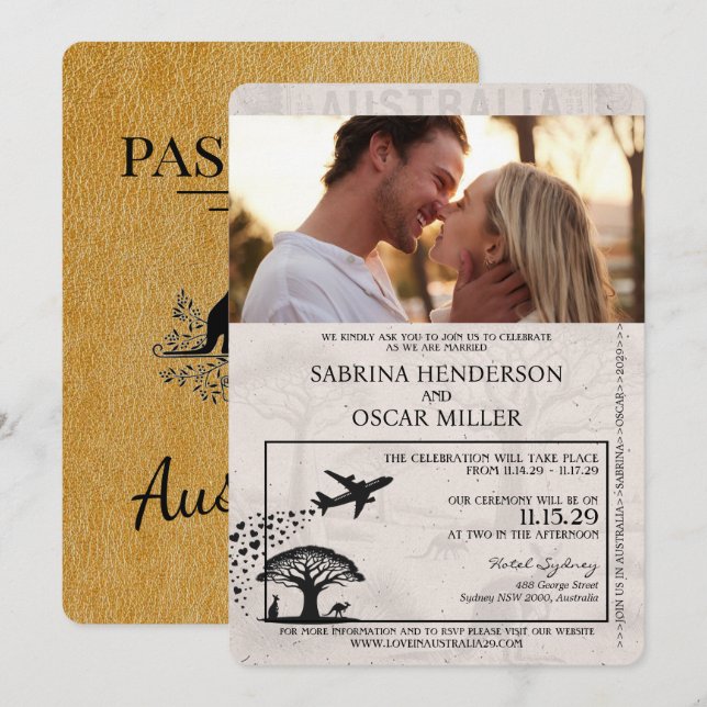 Faire-part de mariage Gold Australia Passport (Devant / Derrière)