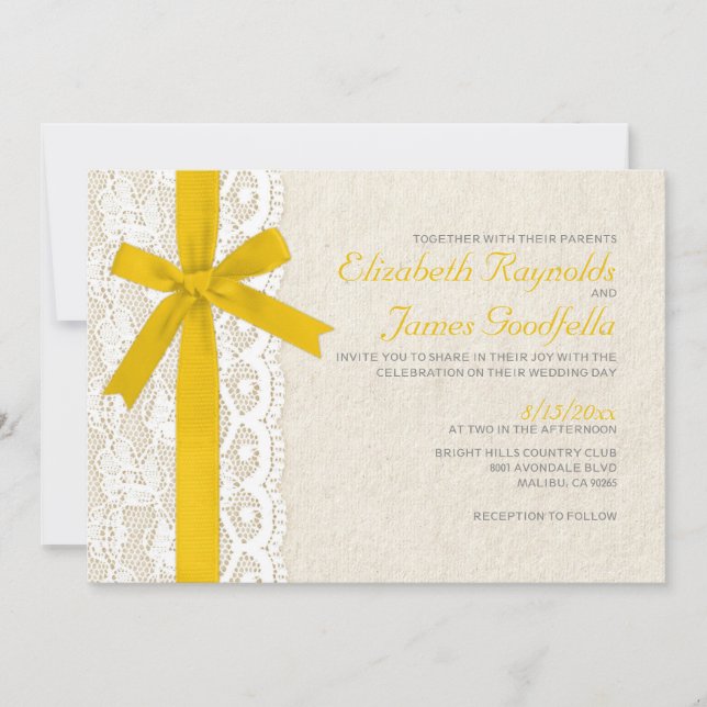 Faire-part de mariage Gold Bow & Lace (Devant)