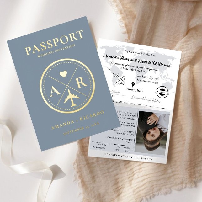 Faire-part de mariage Gold & Dusty Blue Passport (Créateur téléchargé)