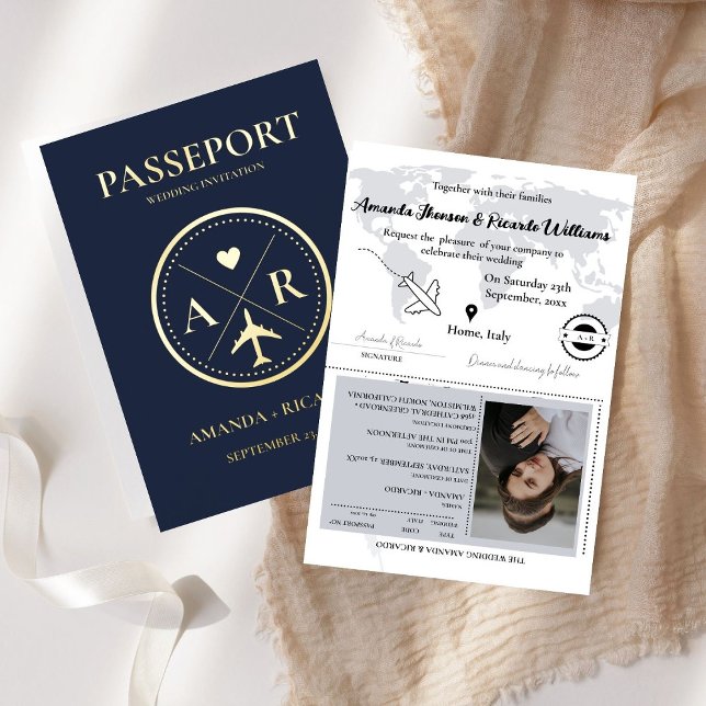 Faire-part de mariage Gold et Navy Blue Passport (Créateur téléchargé)