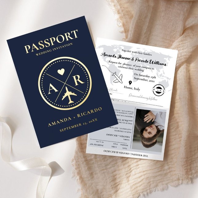 Faire-part de mariage Gold et Navy Blue Passport (Créateur téléchargé)