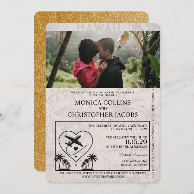 Faire-part de mariage Gold Hawaii Passport (Devant / Derrière)