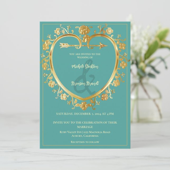 Faire-part de mariage Gold Heart (Debout devant)
