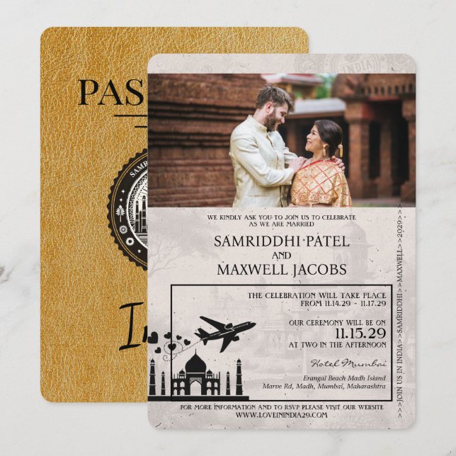 Faire-part de mariage Gold India Passport (Devant / Derrière)