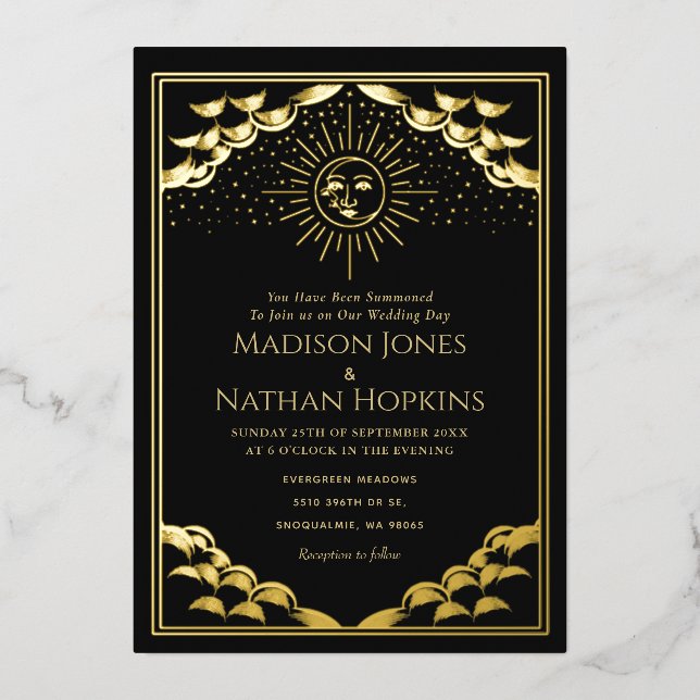 Faire-part de mariage Gold Sun et Moon Tarot Card (Recto)