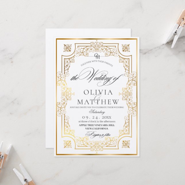 Faire-part de mariage Gold & White Script (Devant/Arrière en situation)