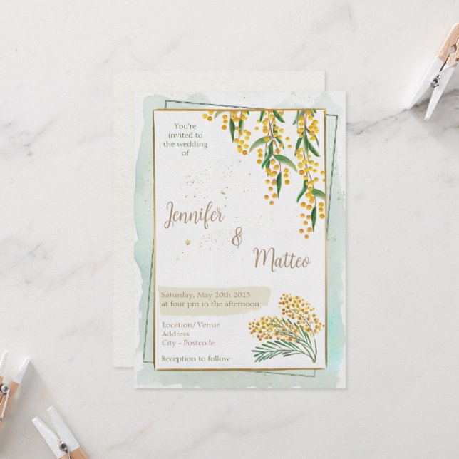 Faire-part de mariage Golden Wattle (Devant/Arrière en situation)