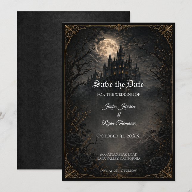 Faire-part de mariage gothique de château pour une (Devant / Derrière)