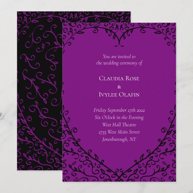 Faire-part de mariage gothique du coeur pourpre et (Devant / Derrière)