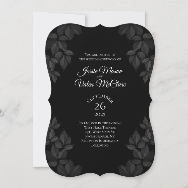 Faire-part de mariage gothique Feuille noir (Devant)