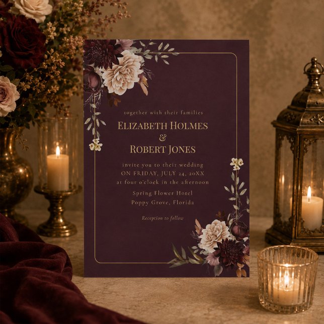 Faire-part de mariage gothique floral bordeaux (Burgundy Floral Gothic Wedding Invitation)