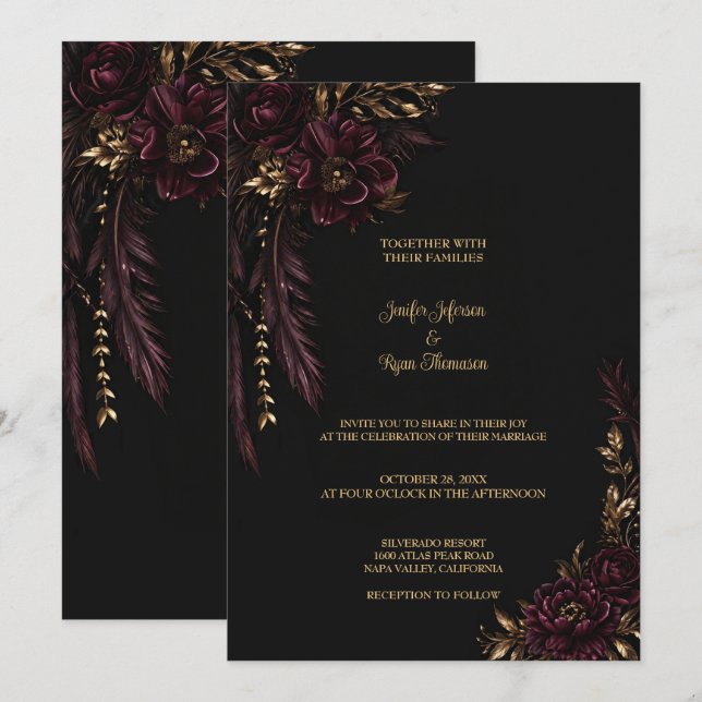 Faire-part de mariage gothique floral Bourgogne (Devant / Derrière)