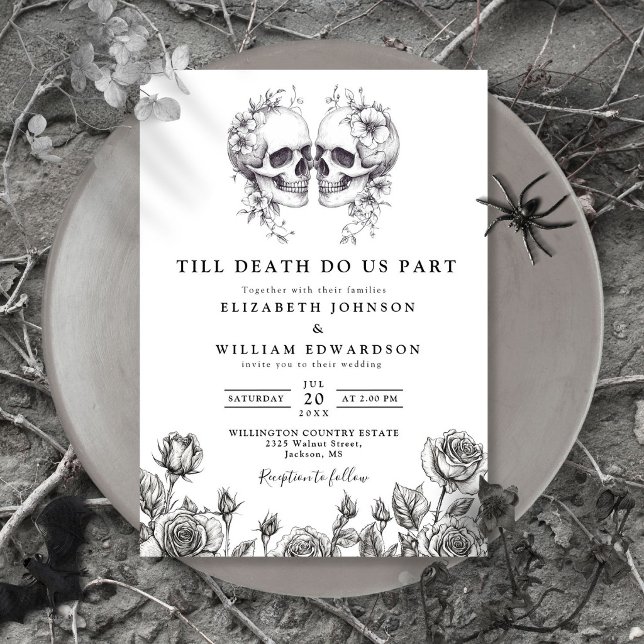 Faire-part de mariage gothique floral crânes jusqu (Till Death Gothic Floral Skulls Wedding Invitation)
