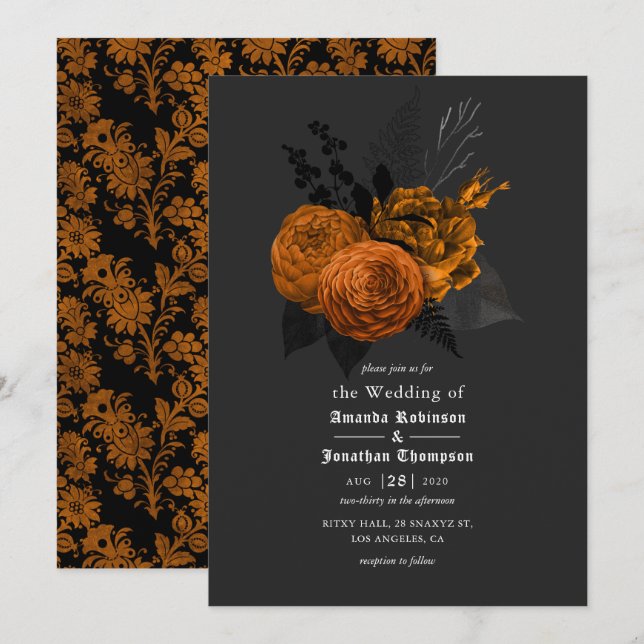 Faire-part de mariage gothique orange et noir (Devant / Derrière)