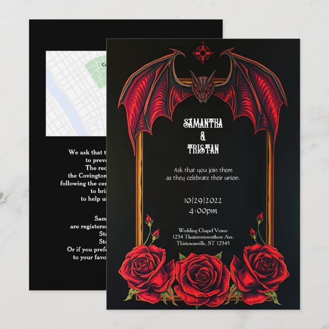 Faire-part de mariage gothique Red Bat et Roses (Devant / Derrière)