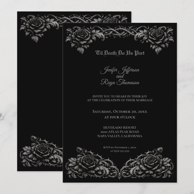 Faire-part de mariage gothique roses noires et bla (Devant / Derrière)