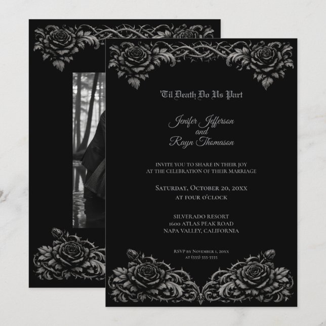 Faire-part de mariage gothique roses noires et bla (Devant / Derrière)