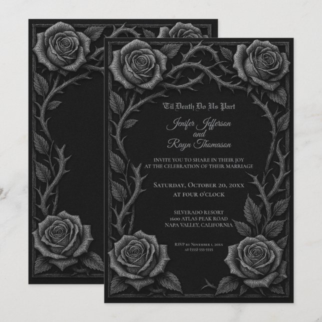 Faire-part de mariage gothique roses noires et bla (Devant / Derrière)