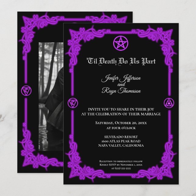 Faire-part de mariage gothique violet luminescent  (Devant / Derrière)