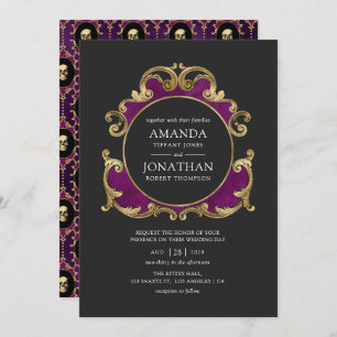Faire-part de mariage gothique violet, noir et or