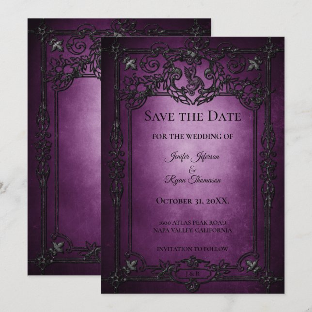 Faire-part de mariage gothique violet pour Hallowe (Devant / Derrière)