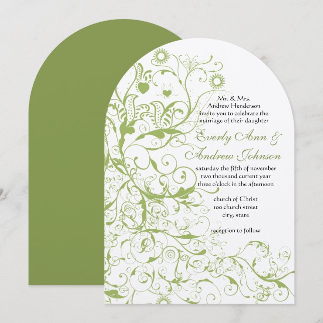 Faire-part de mariage Greenery Birds & Swirls #17 (Devant / Derrière)