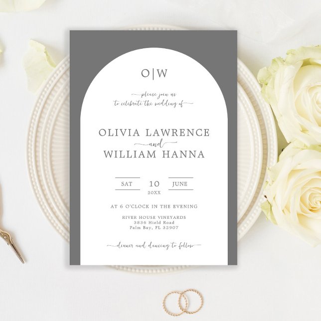Faire-part de mariage gris argenté Monogram Arch (Créateur téléchargé)