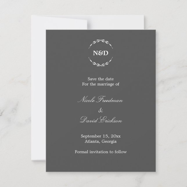 Faire-part de mariage gris avec monogramme de cour (Devant)