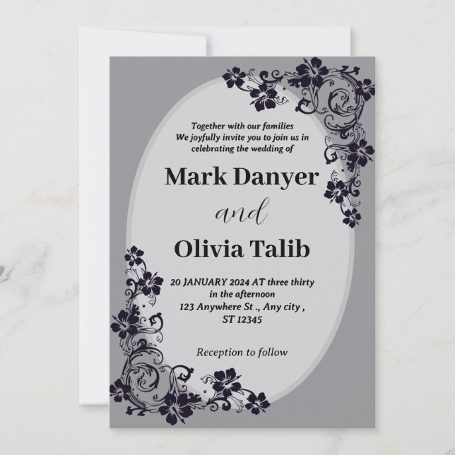Faire-part de mariage gris / design simple et roma (Devant)