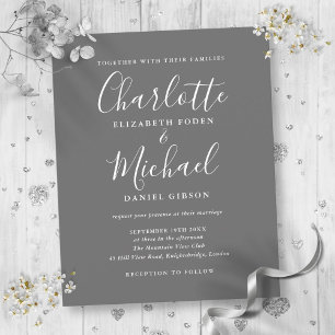 Faire-part de mariage gris et blanc à motif script