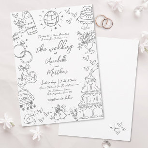 Faire-part de mariage gris fantaisiste dessiné à l