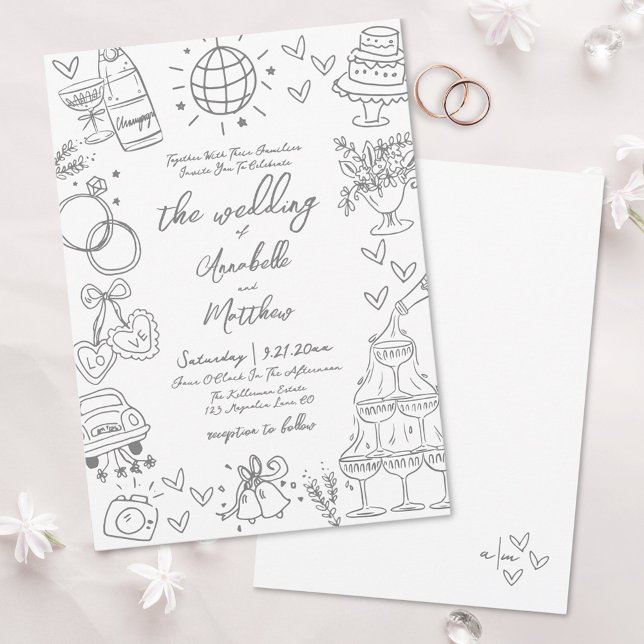 Faire-part de mariage gris fantaisiste dessiné à l (Hand Drawn Gray Whimsical Wedding Invitation)