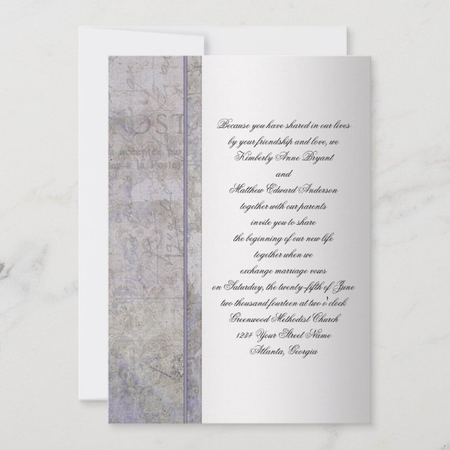 Faire-part de mariage grunge lavande et argent (Devant)
