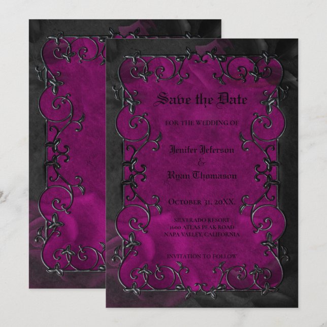 Faire-part de mariage Halloween gothique violet (Devant / Derrière)