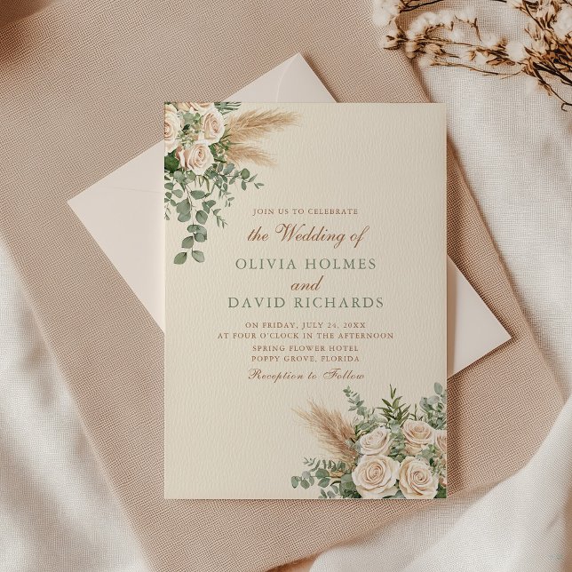 Faire-part de mariage herbe de la Pampa beige élég (Boho Pampas Grass & White Rose Wedding Invitation with envelope on an elegant wedding table)