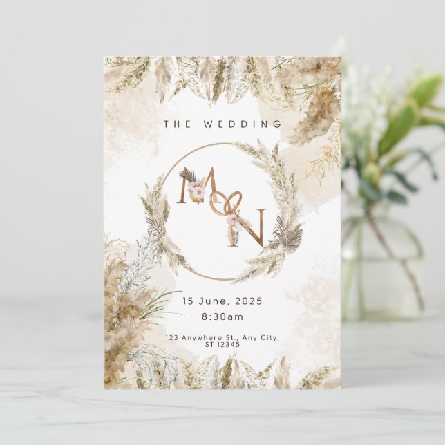 Faire-part de mariage herbe de pampa bohème  (Debout devant)