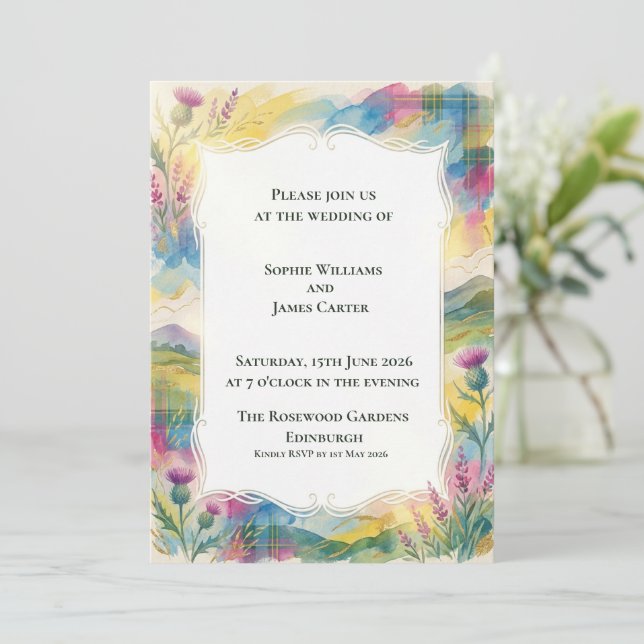 Faire-part de mariage Highland Tartan Thistle (Debout devant)