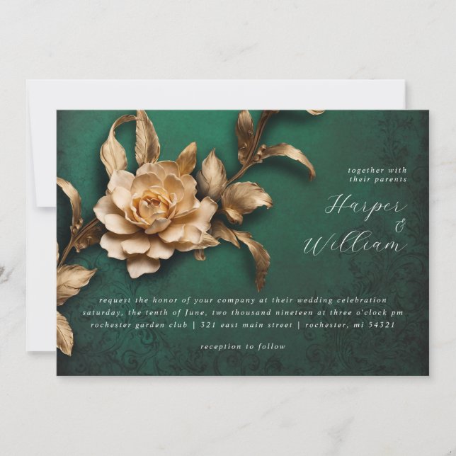 Faire-part de mariage historique de fleurs d'or (Devant)
