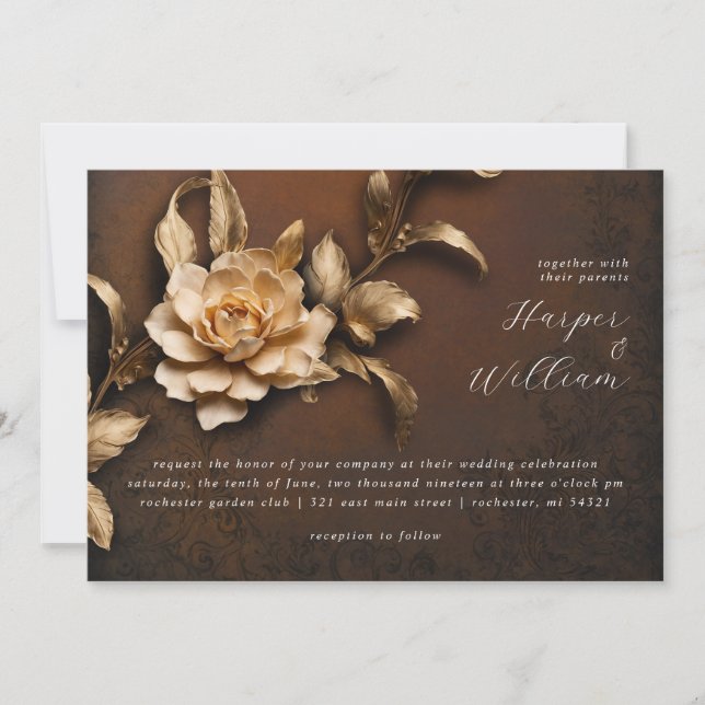 Faire-part de mariage historique de fleurs d'or (Devant)