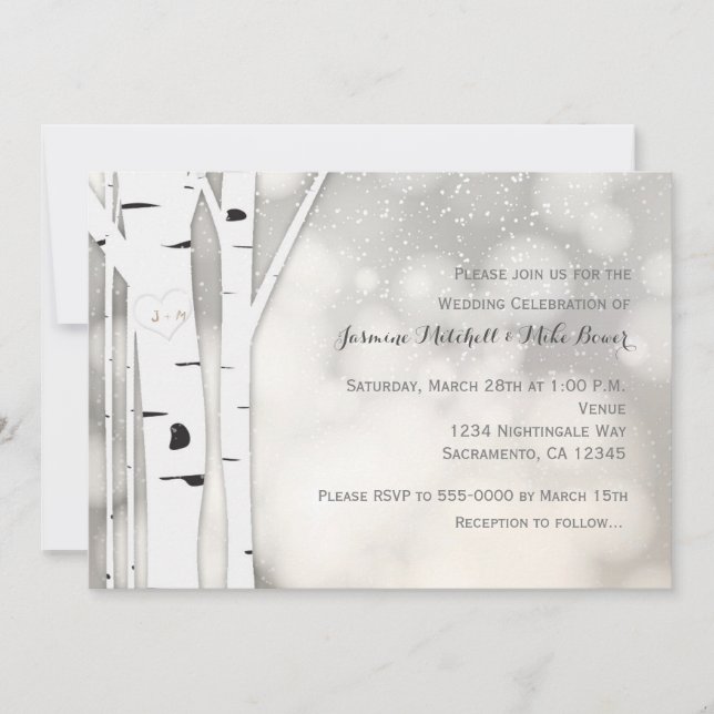 Faire-Part de Mariage Hiver Blanc Arbre de bouleau (Devant)
