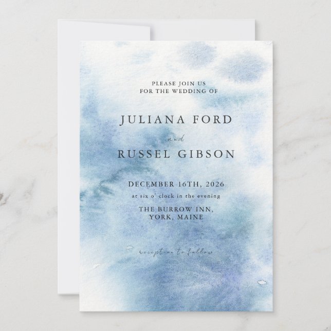 Faire-part de mariage hivernal à l'aquarelle bleu  (Devant)