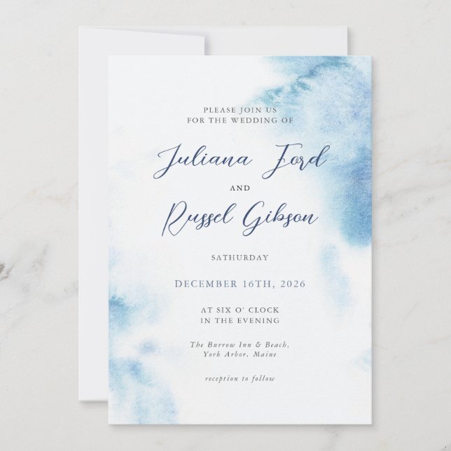 Faire-part de mariage hivernal à l'aquarelle bleu  (Devant)