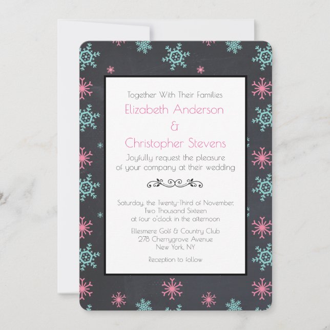 Faire-part de mariage hivernal classe avec flocons (Devant)