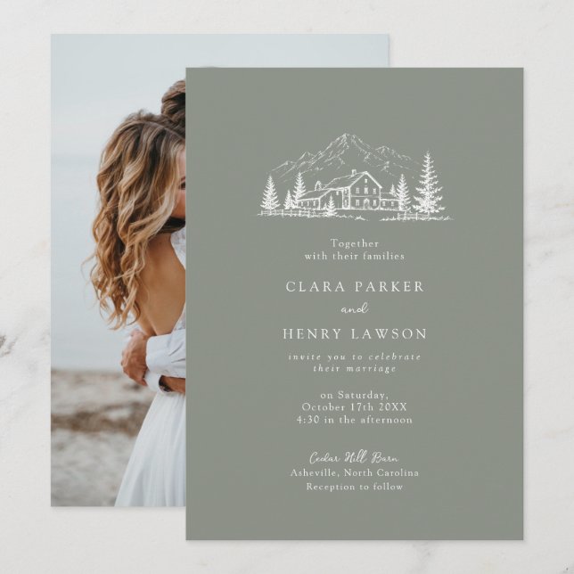 Faire-part de mariage hivernal en vert forêt et pi (Devant / Derrière)