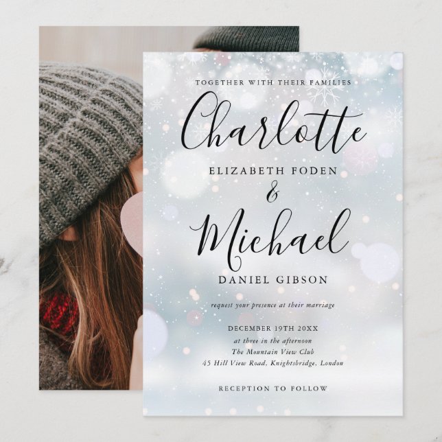 Faire-part de mariage hivernal Flocons de neige de (Devant / Derrière)